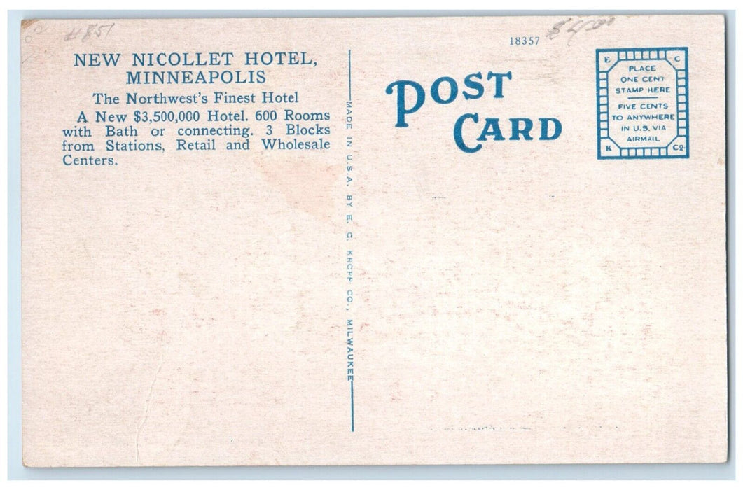 c1920 New Nicollet Hotel Exterior Building Street Minneapolis Minnesota Postcard