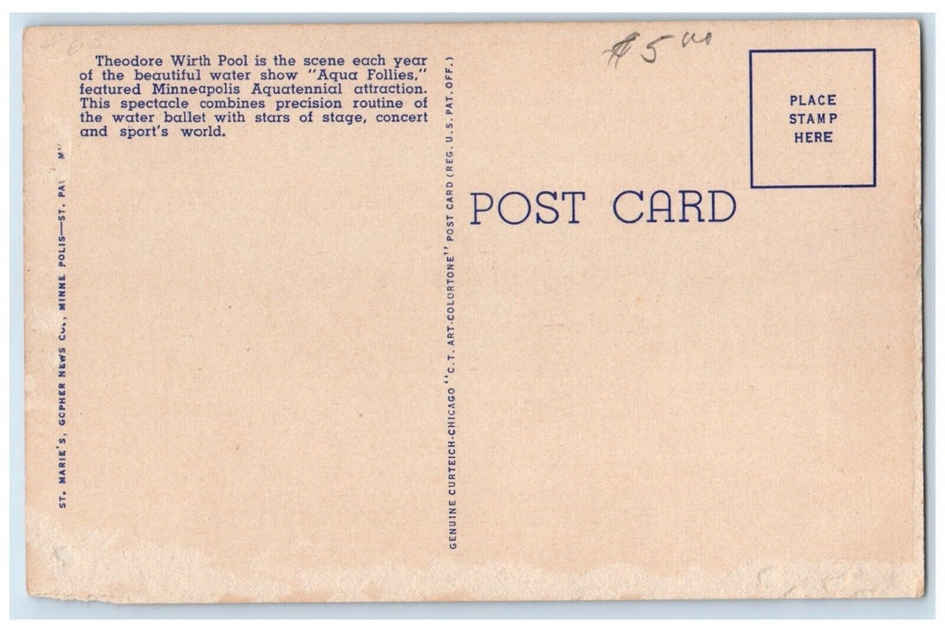 c1940 Theodore Wirth Pool City Lakes And Parks Minneapolis Minnesota MN Postcard