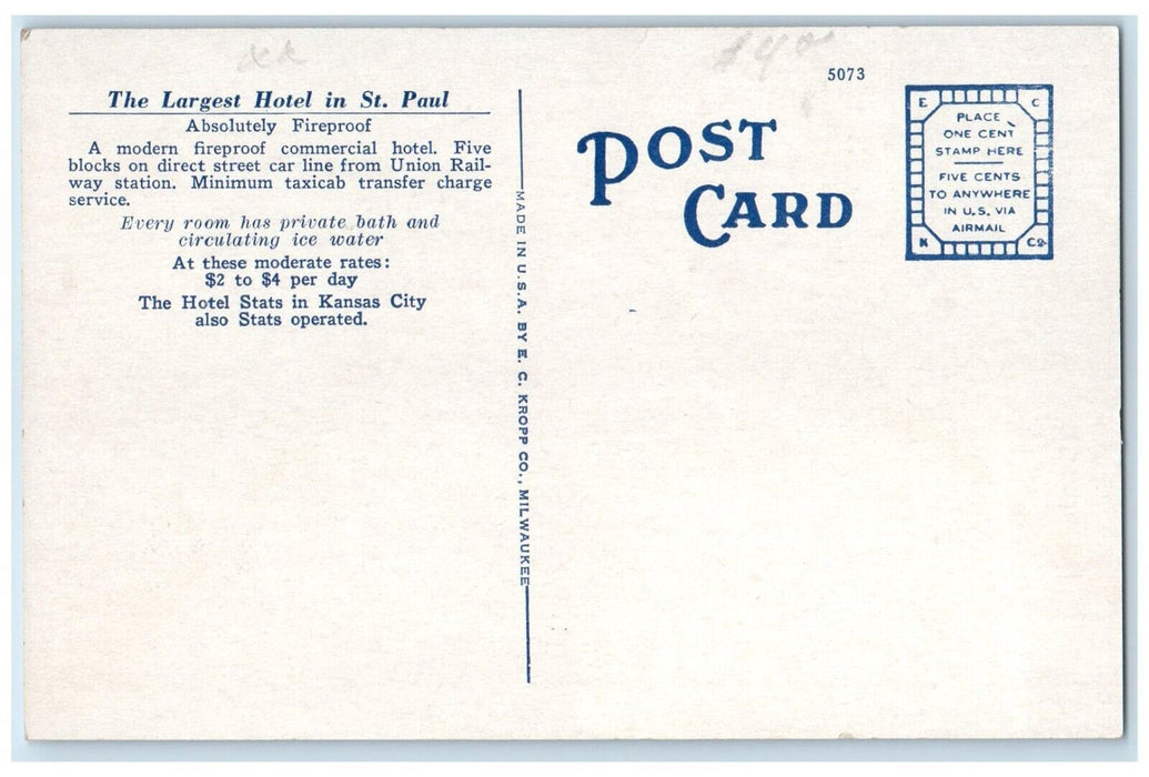 c1920 New Hotel Lowry 4th Wabasha Streets Exterior St. Paul Minnesota Postcard