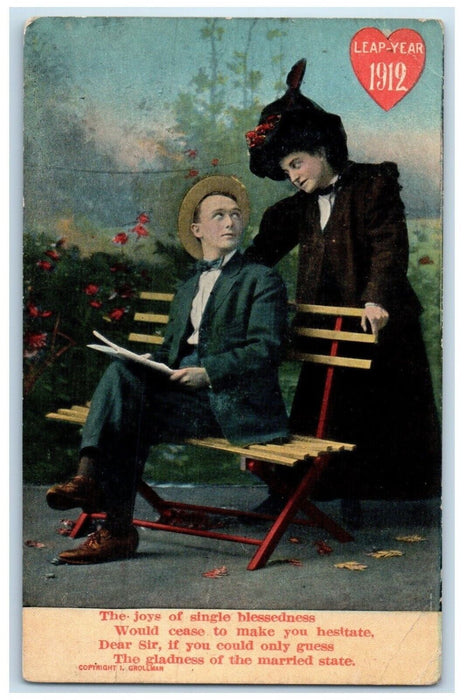 1912 Leap Year Couple Romance Cary West Virginia WV Posted Antique Postcard