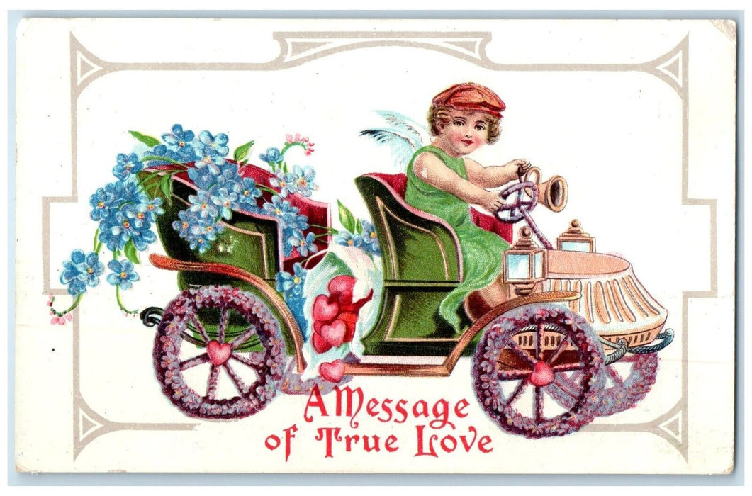 c1910's Valentine Angel Driving Car Hears Pansies Flowers Embossed Postcard