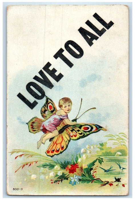 1910 Little Girl Riding Butterfly Love To All Marshall Missouri MO Postcard