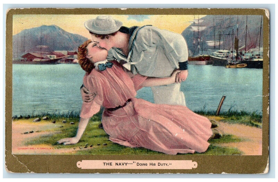 1910 Sweet Couple Romance Kissing The Navy Doing His Duty La Crosse KS Postcard