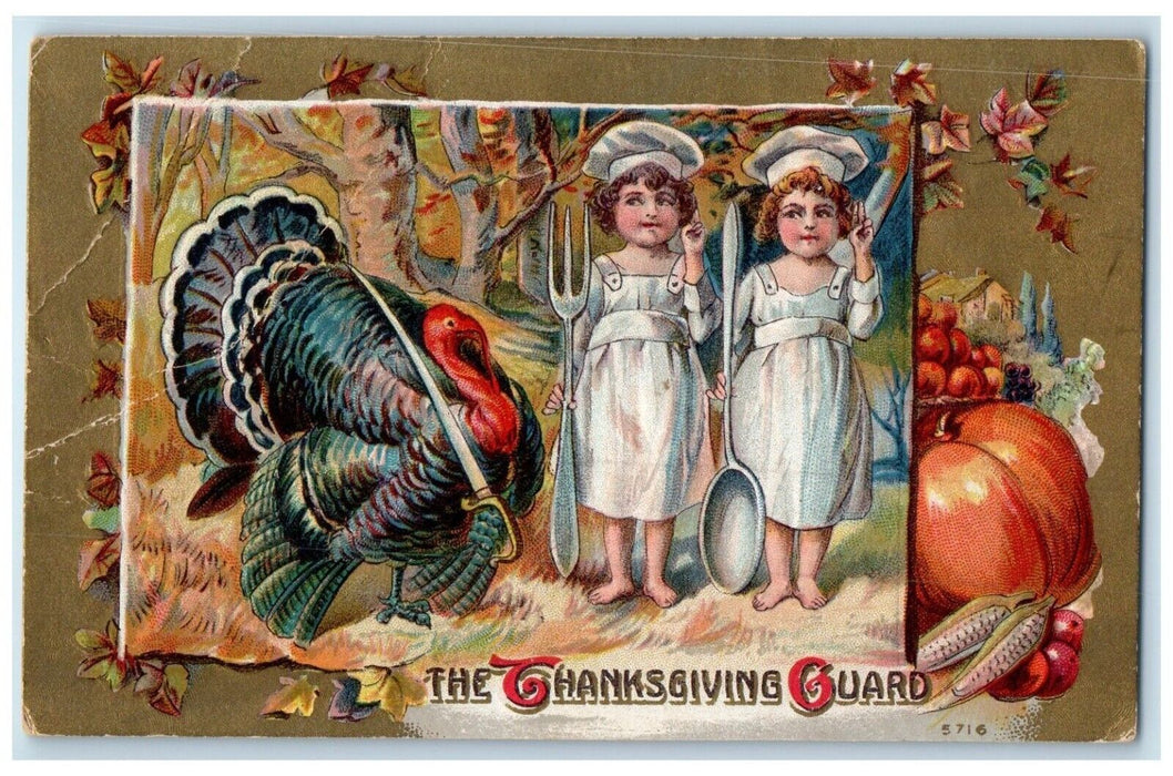 c1910's Thanksgiving Turkey And Children Guard Embossed Antique Postcard