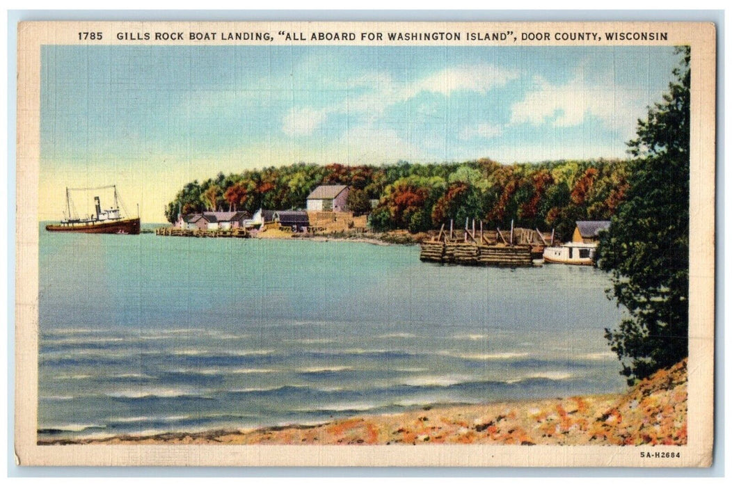c1940 Gills Rock Boat Landing All Aboard Washington Island Door County Postcard