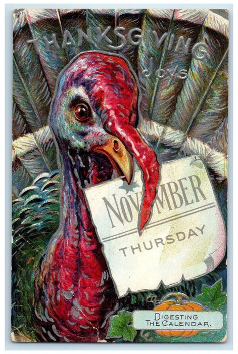 c1910's Thanksgiving Turkey November Thursday Digesting The Calendar Postcard