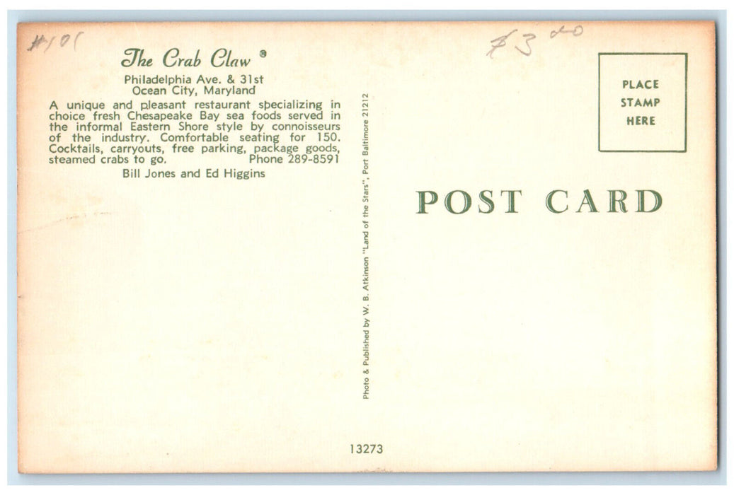 c1960's The Crab Claw Ocean City Maryland MD Vintage Unposted Postcard