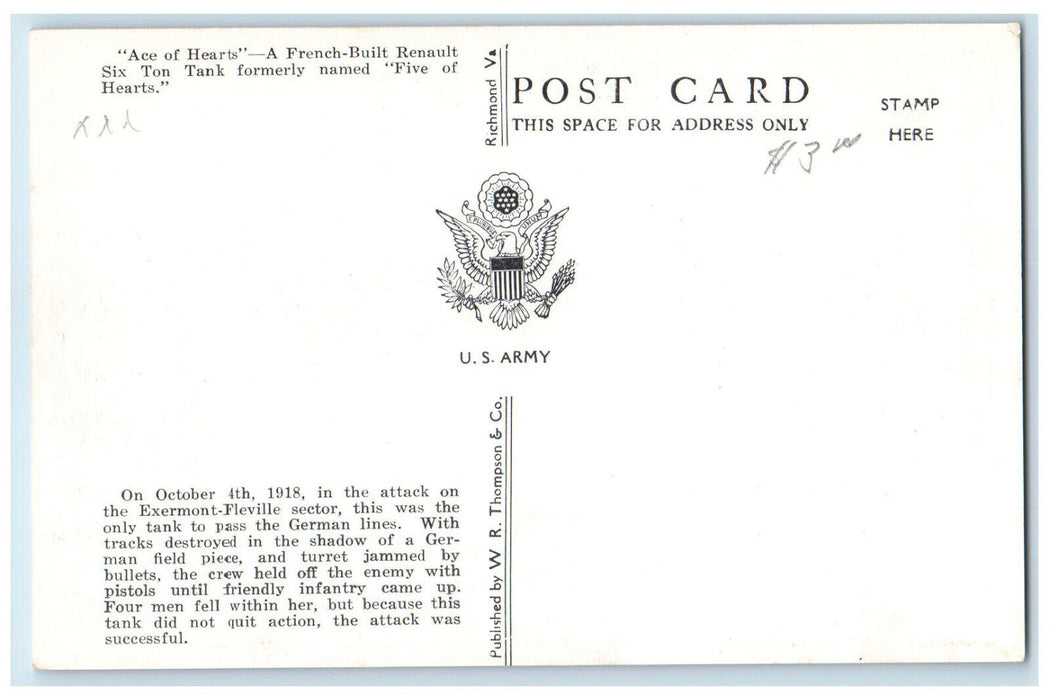 c1920's Ace of Hearts A Souvenir of World War 1 Meade Maryland MD Postcard
