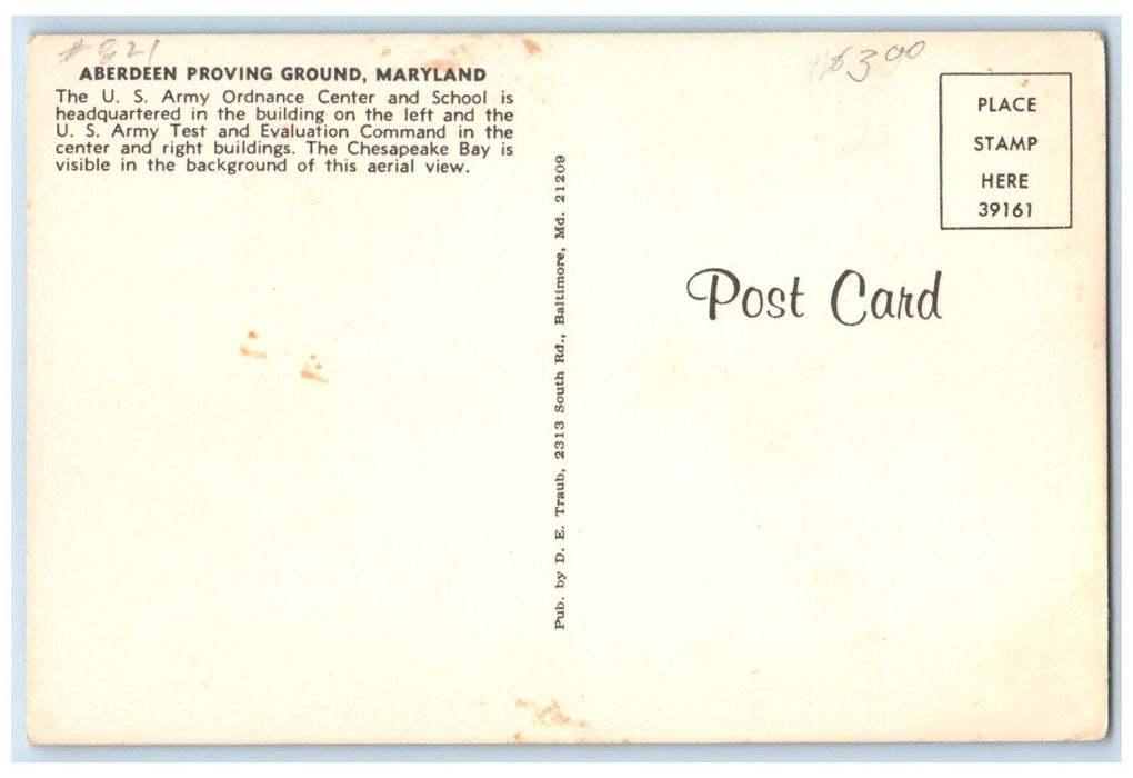 c1950's US Army Ordnance Center Aberdeen Proving Ground Maryland MD Postcard