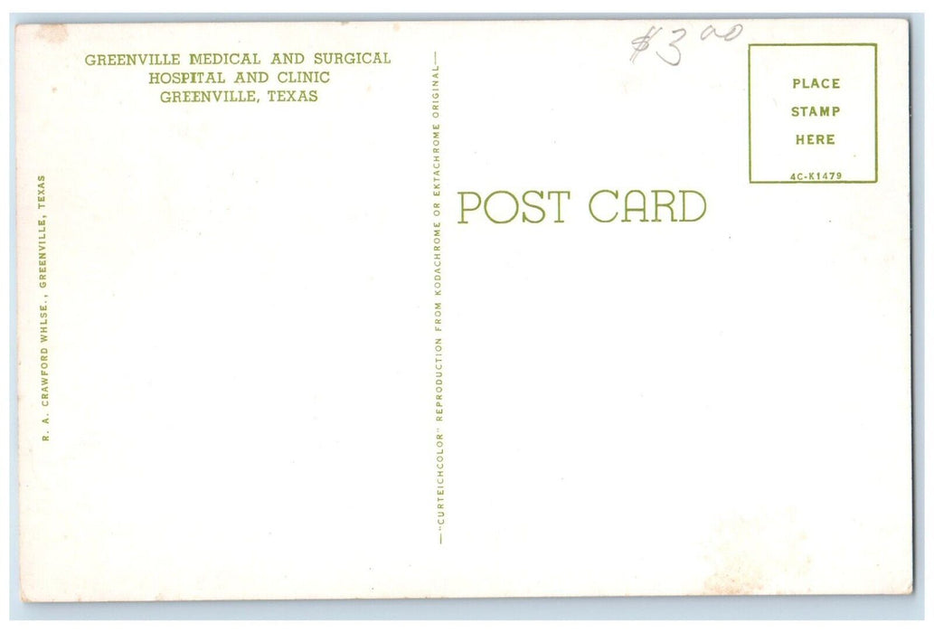 c1940's Greenville Medical Surgical Hospital Clinic Greenville Texas TX Postcard