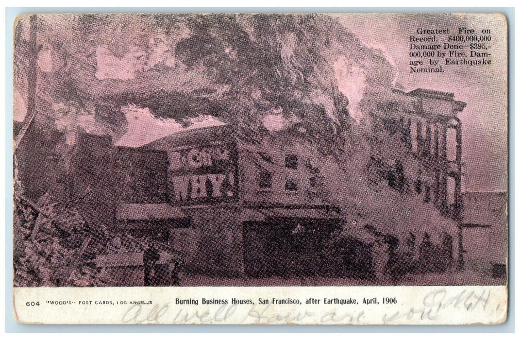 1906 Burning Business Houses San Francisco After Earthquake California Postcard