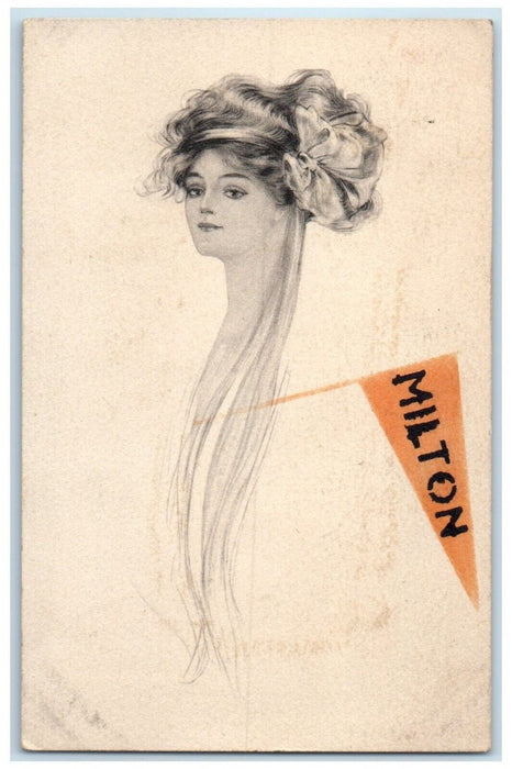 c1910's Pretty Woman Curly Hair Bow Ribbon Milton Pennant Freedom PA Postcard