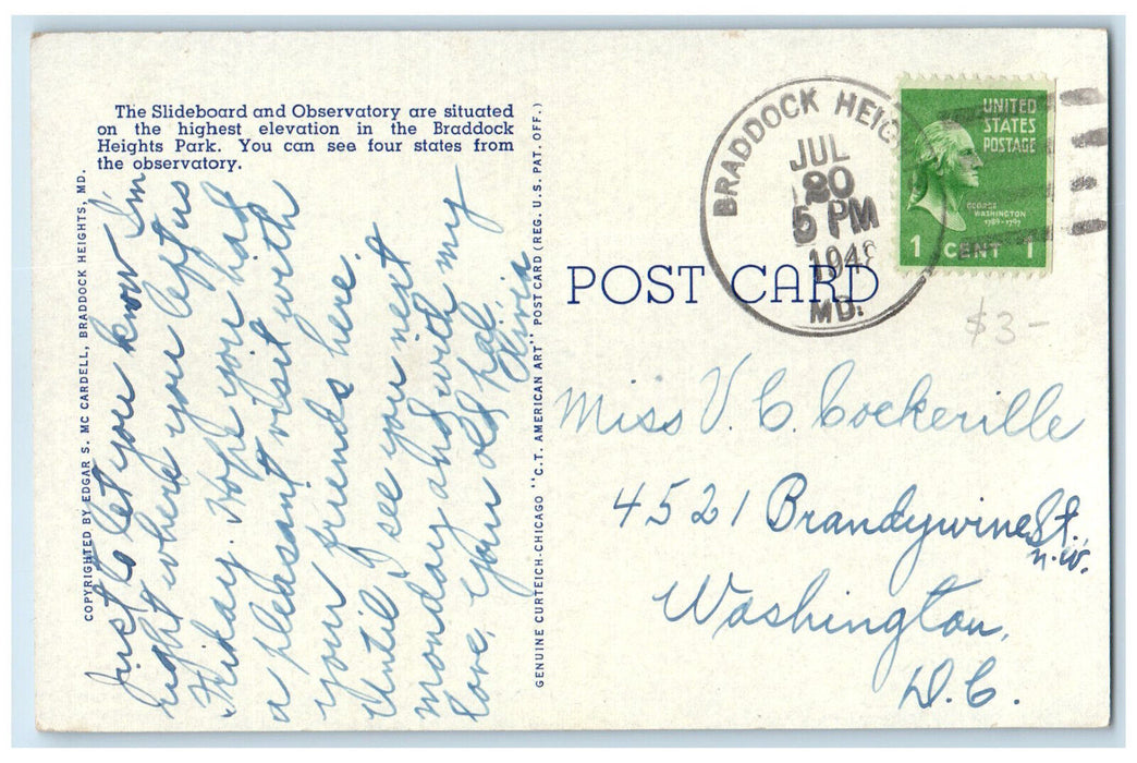 1948 The Slideboard and Observatory Braddock Heights Maryland MD Postcard