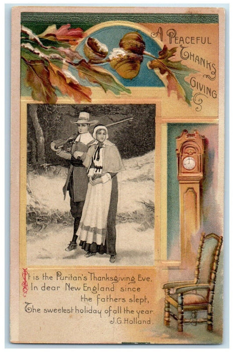 c1910's Thanksgiving Puritan's Clock Winsch Bank Embossed Antique Postcard