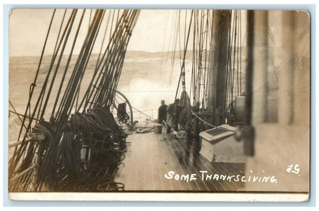 c1910's Ship Deck Fishermen Thanksgiving View Ocean Waves RPPC Photo Postcard