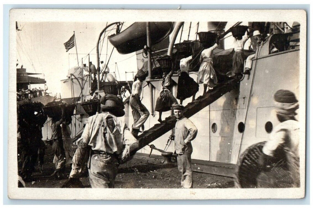 c1920's USS Colorado Being Coaled By Natives St. Thomas View RPPC Photo Postcard