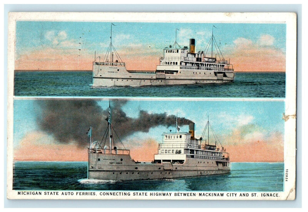 1929 Michigan State Auto Ferries State Mackinaw City And St. Ignace MI Postcard