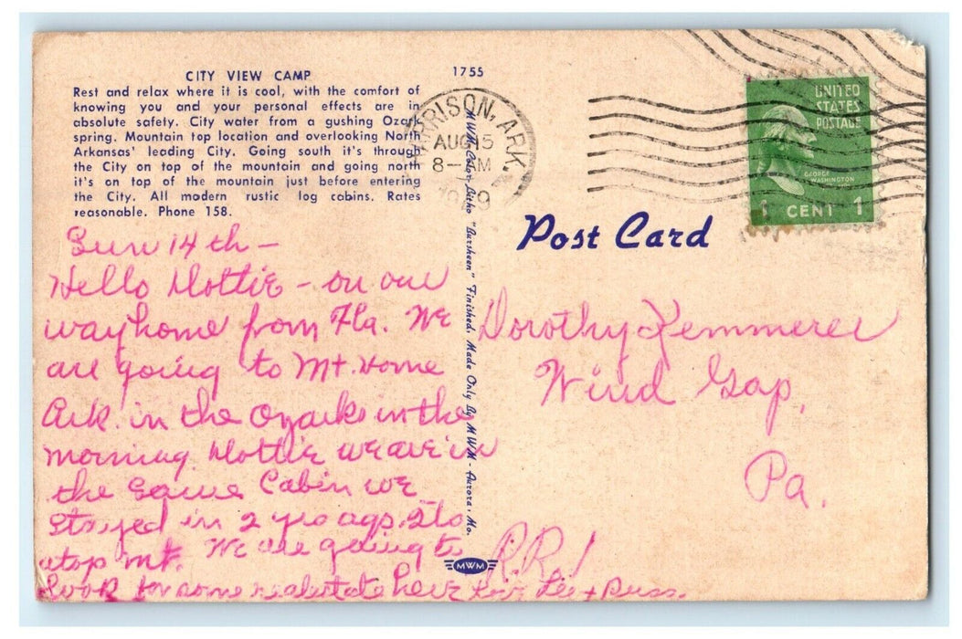 1949 City View Camp Harrison Modern Cabins Arkansas AR Posted Vintage Postcard