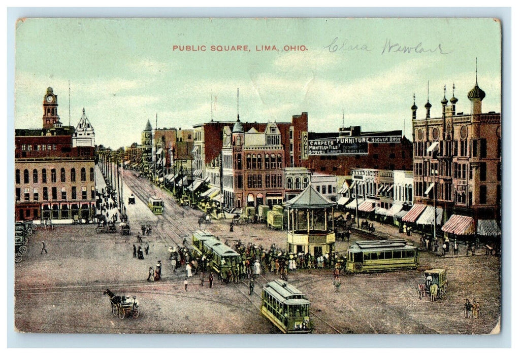 1909 Public Square Trolley Trains Lima Ohio OH Posted Antique Postcard