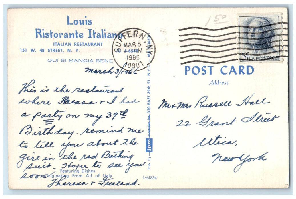 1966 Louis Ristorante Italiano, Italian Restaurant New York NY Postcard
