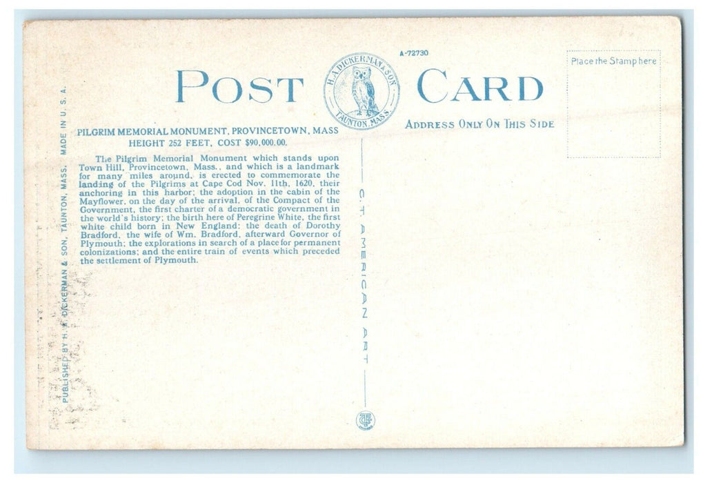 c1920's Pilgrim Memorial Monument Provincetown Massachusetts MA Postcard