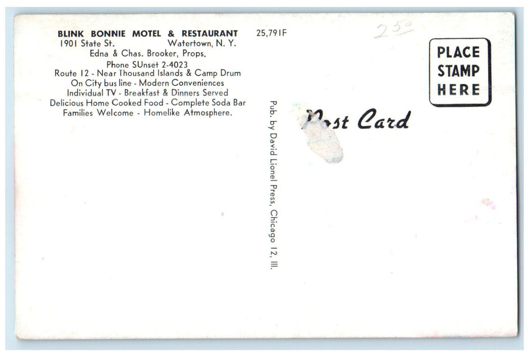 c1950s Blink Bonnie Motel & Restaurant Watertown New York NY Postcard
