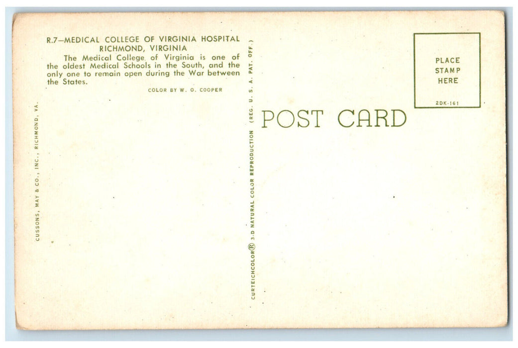 c1950's Medical College of Virginia Hospital, Richmond Virginia VA Postcard