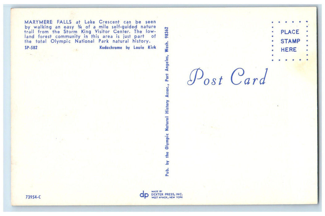 c1950's Marymere Falls at Lake Crescent Olympic National Park WA Postcard