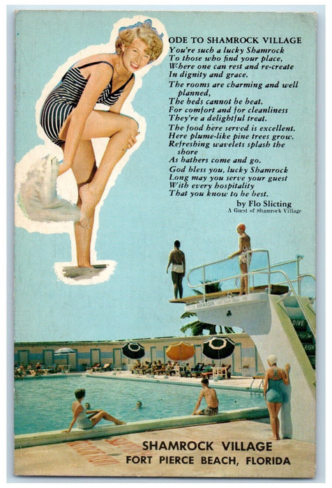 c1960's Ode to Shamrock Village, Lady, Pool, Fort Pierce Beach FL Postcard