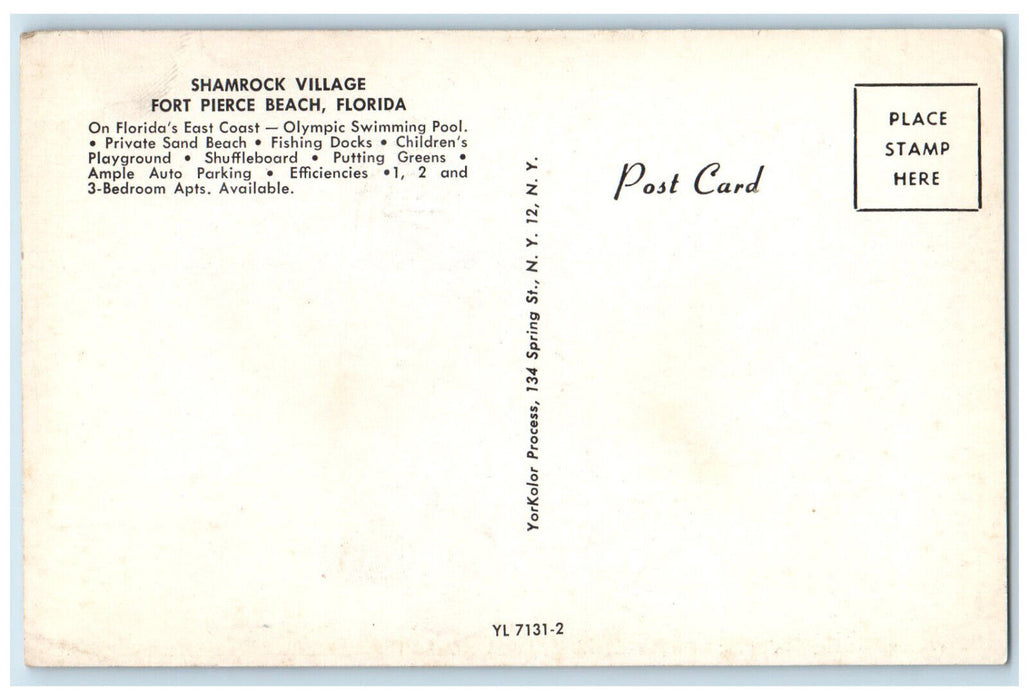 c1960's Ode to Shamrock Village, Lady, Pool, Fort Pierce Beach FL Postcard