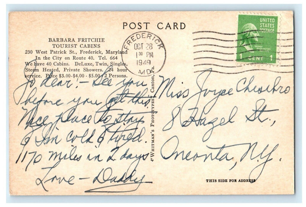 1949 Barbara Fritchie Tourist Cabins Frederick Maryland MD Vintage Postcard