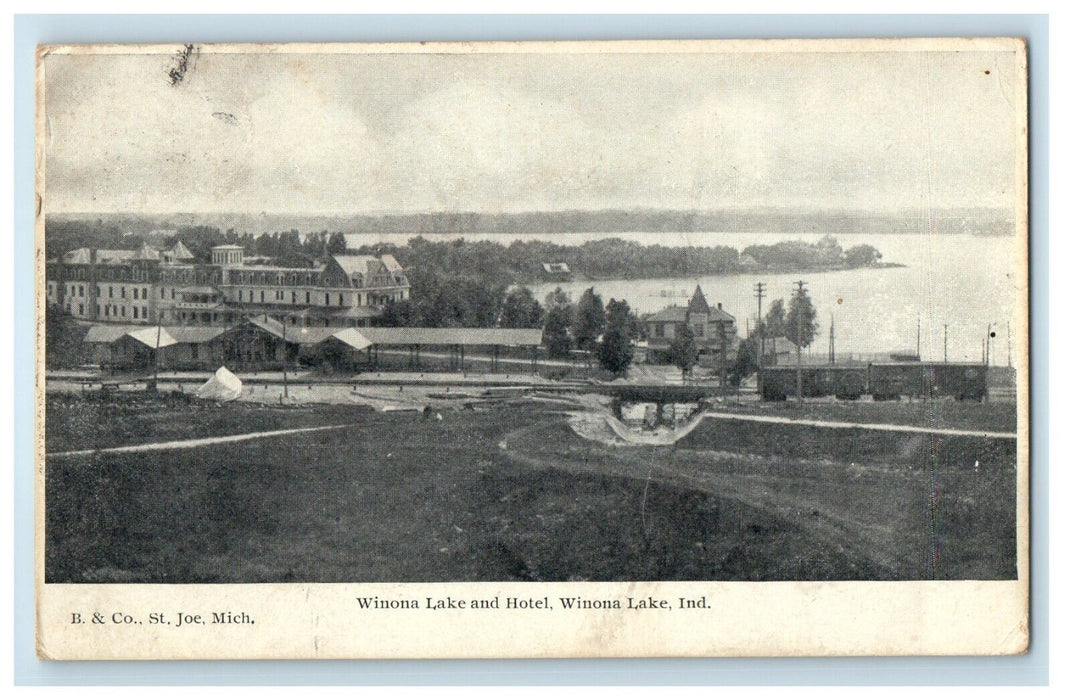1907 View Of Winoma Lake And Hotel Winona Lake Indiana IN Antique Postcard