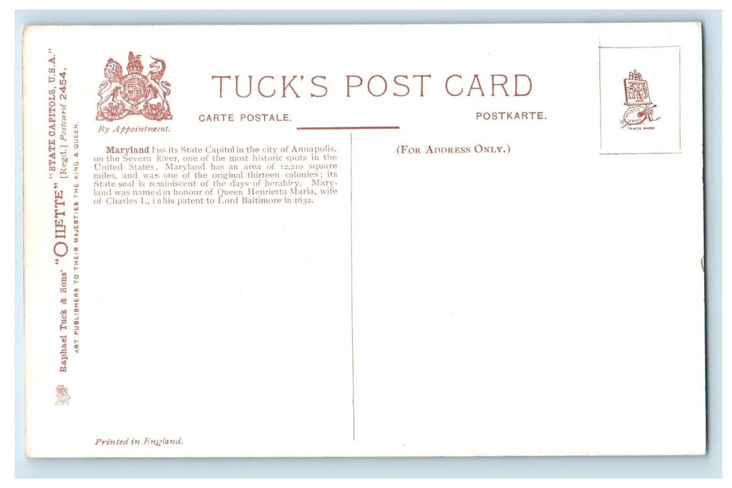c1910's The Maryland State Capitol Anapolis MD Tuck's Oilette Antique Postcard