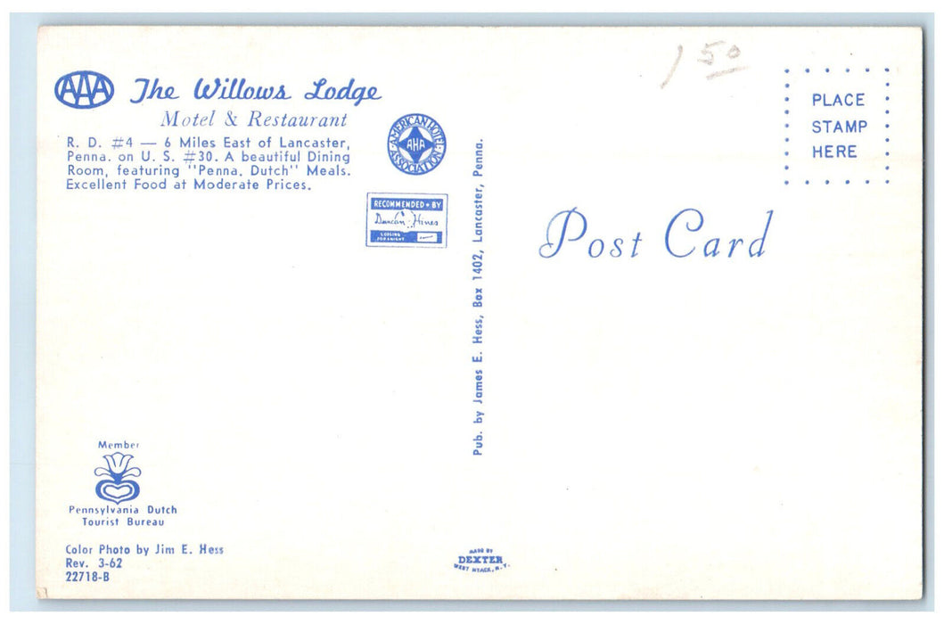 c1960s The Willows Lodge Motel & Restaurant, Lancaster Pennsylvania PA Postcard