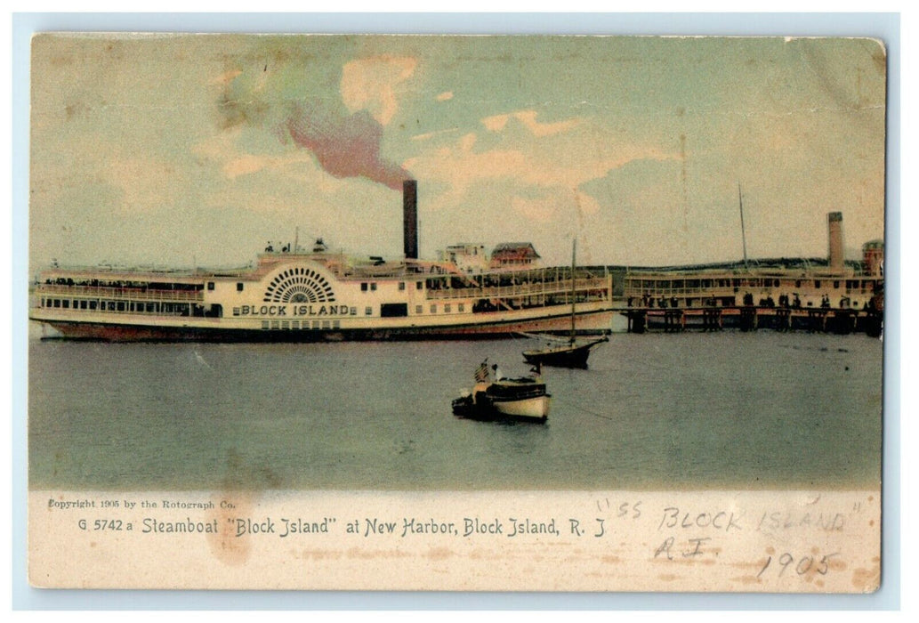 1905 Steamboat "Block Island" at New Harbor, Rhode Island RI Postcard