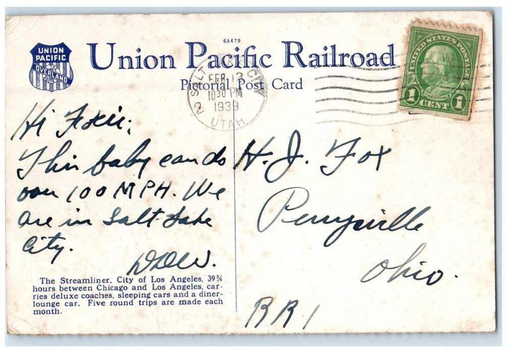 1939 Union Pacific Streamliner Railroad Train City Of Los Angeles CA Postcard