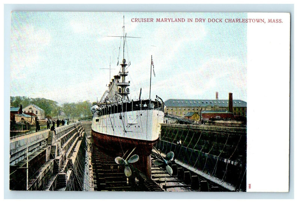 c1905 Cruiser Ship Maryland In Dry Dock Charlestown Massachusetts MA Postcard