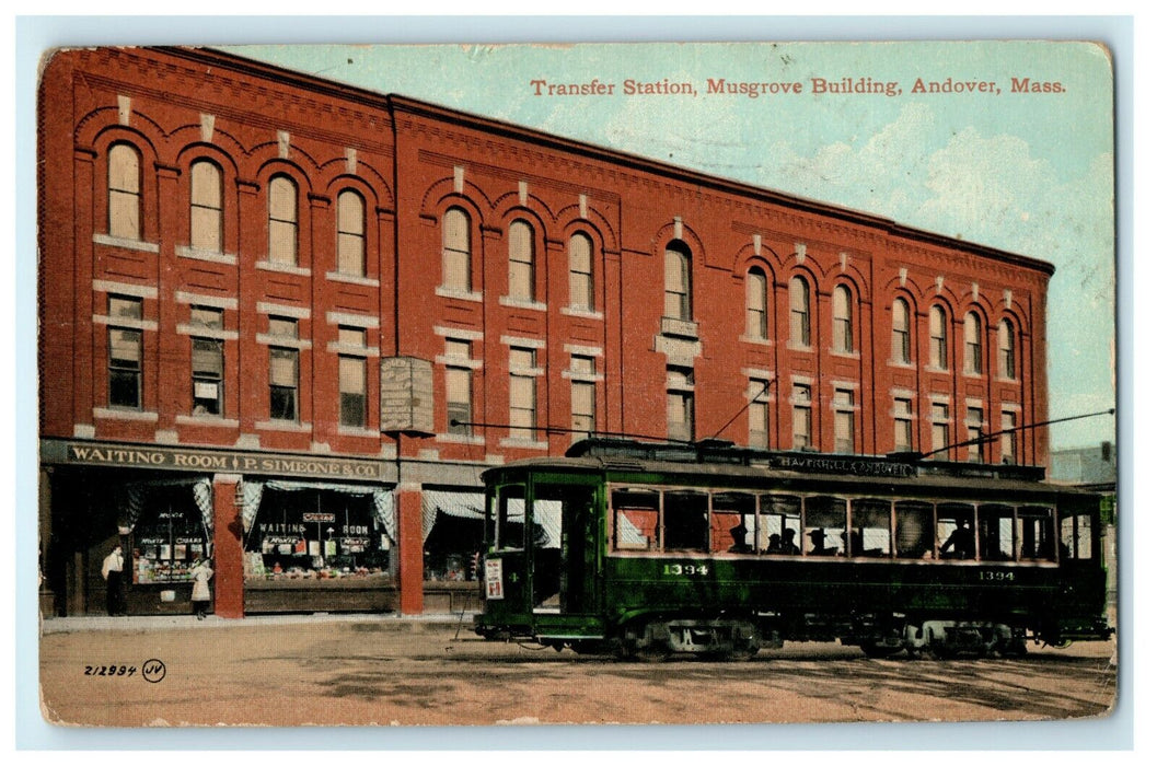 1922 Transfer Musgrove Building Trolley Andover Massachusetts MA Postcard