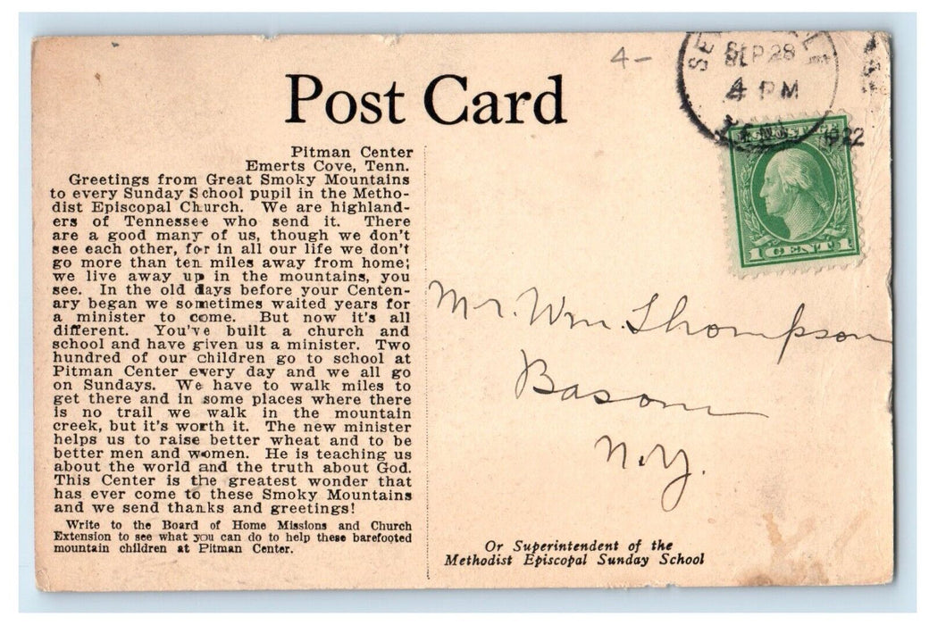 Pitman Center Emerts Cove. TN, School Pupil Methodist Episcopal Church Postcard