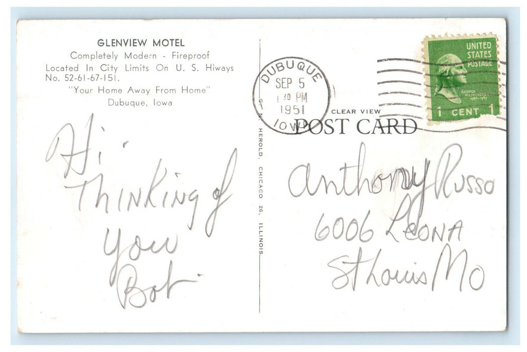 1951 Glenview Motel on US Hiways No 52 61 67 151 Dubuque Iowa IA Postcard