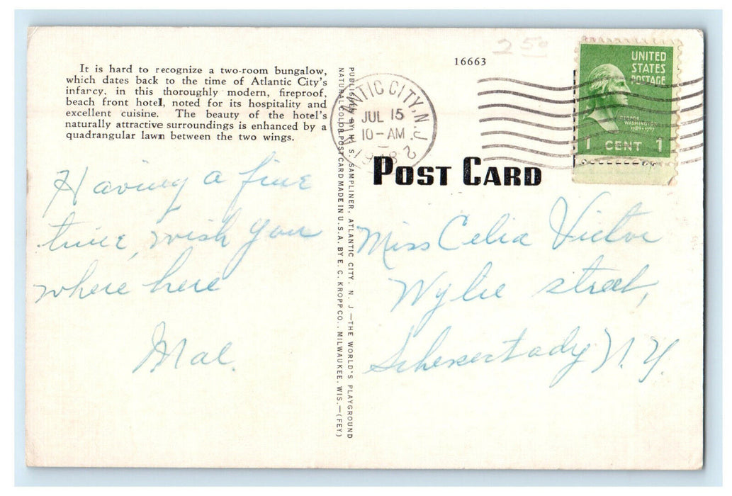 1948 Hotel Dennis at Night Atlantic City New Jersey NJ Posted Postcard