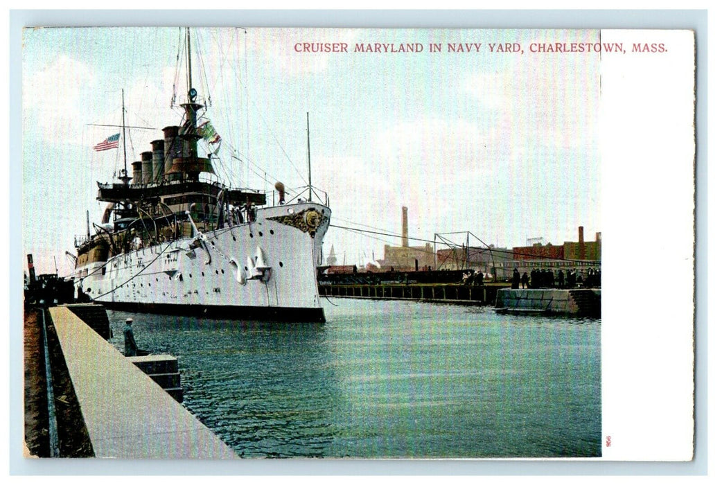 c1905 Cruiser Ship Maryland In Navy Yard Charlestown Massachusetts MA Postcard