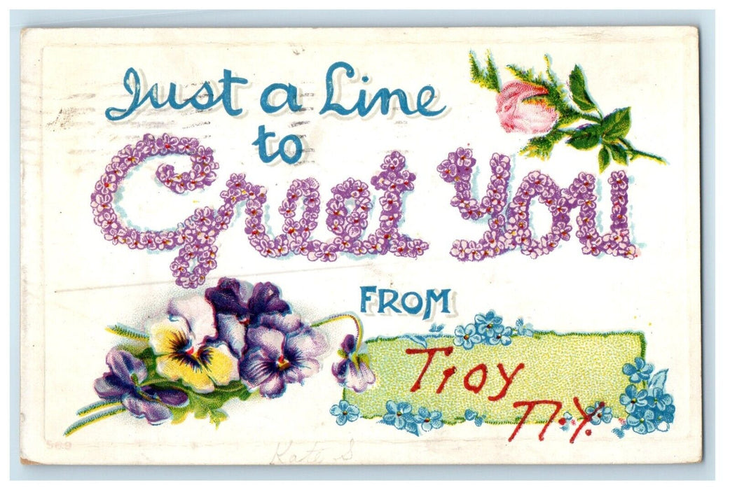 1911 Greet You From Troy New York NY, Pansies Flowers Antique Postcard