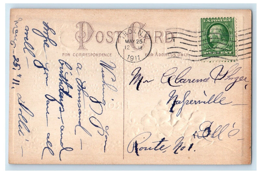 1911 Greet You From Troy New York NY, Pansies Flowers Antique Postcard