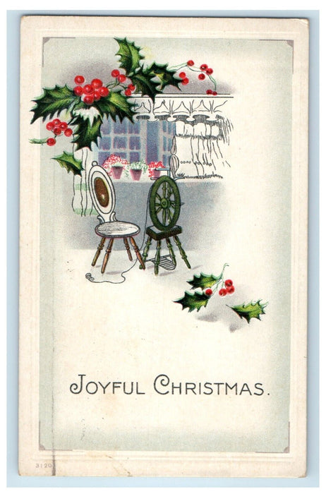 1916 Joyful Christmas Spinning Wheel Holly Berries Embossed Antique Postcard