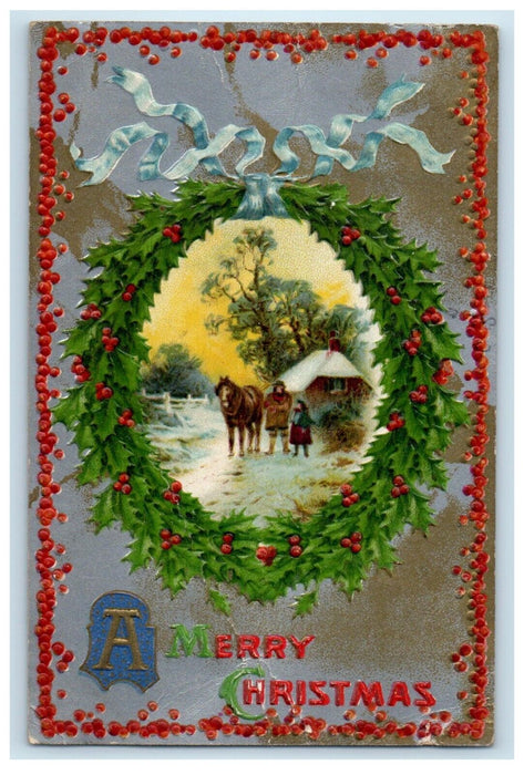 1909 Merry Christmas Wreath Holly Horse Snow Winter Winsch Back Antique Postcard