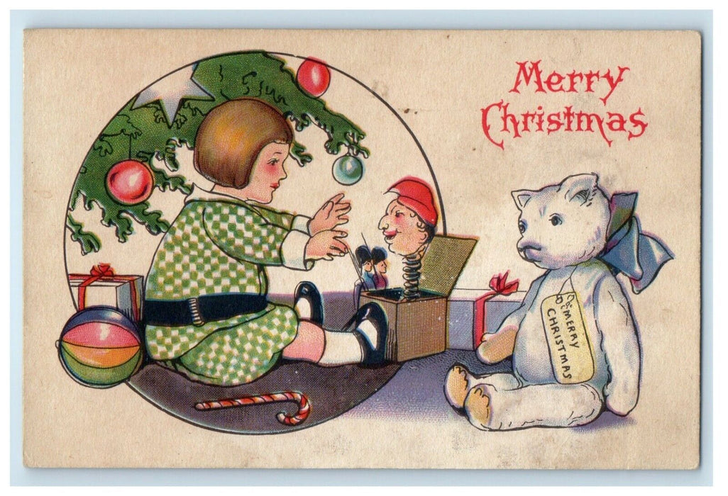 c1910's Merry Christmas Jack In The Box Balls Bear Gift Posted Antique Postcard