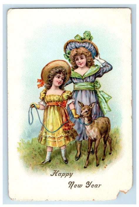 c1910's Happy New Year Greeting Two Girls Deer Posted Antique Postcard