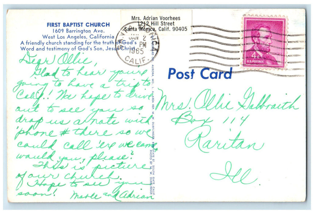 1965 First Baptist Church, Barrington Ave. West Los Angeles CA Postcard