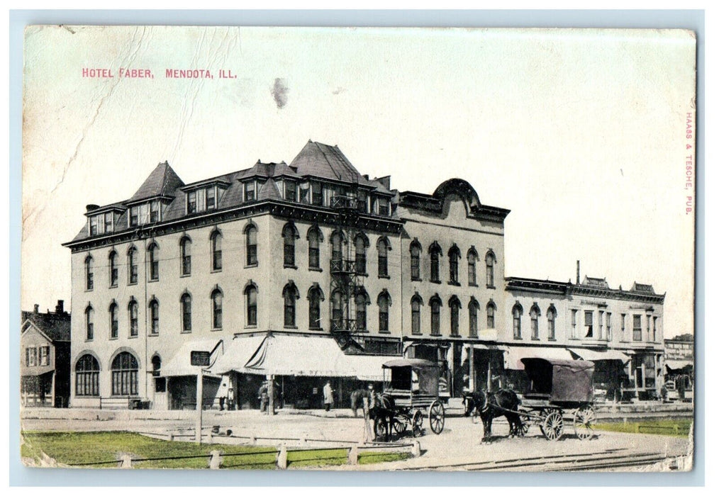 1909 Hotel Faber Horse Carriage Mendota Illinois IL Posted Antique Postcard